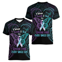 Suicide Awareness Memorial Women V-Neck T-Shirt I Wear Purple and Teal For Someone I Miss - Polynesian Pride
