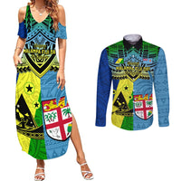 Malampa Fiji Day Couples Matching Summer Maxi Dress and Long Sleeve Button Shirts Together We Grow Proud Polynesian Tapa Artsy LT14 Blue - Polynesian Pride