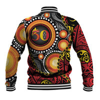 Celebrating 50 Years Papua New Guinea Baseball Jacket Aboriginal Mix Papuan Pattern - Polynesian Pride