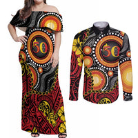 Celebrating 50 Years Papua New Guinea Couples Matching Off Shoulder Maxi Dress and Long Sleeve Button Shirt Aboriginal Mix Papuan Pattern LT14 Red - Polynesian Pride