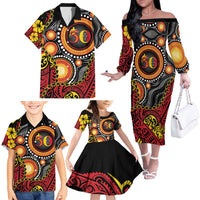 Celebrating 50 Years Papua New Guinea Family Matching Off The Shoulder Long Sleeve Dress and Hawaiian Shirt Aboriginal Mix Papuan Pattern - Polynesian Pride