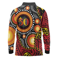 Celebrating 50 Years Papua New Guinea Long Sleeve Polo Shirt Aboriginal Mix Papuan Pattern LT14 - Polynesian Pride