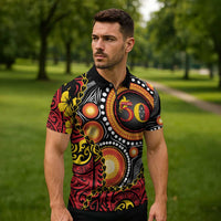 Celebrating 50 Years Papua New Guinea Zipper Polo Shirt Aboriginal Mix Papuan Pattern LT14 - Polynesian Pride