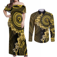 Vanuatu Couples Matching Off Shoulder Maxi Dress and Long Sleeve Button Shirt Hibisus Polynesian Pattern Gold - Polynesian Pride