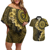Vanuatu Couples Matching Off Shoulder Short Dress and Hawaiian Shirt Hibisus Polynesian Pattern Gold - Polynesian Pride
