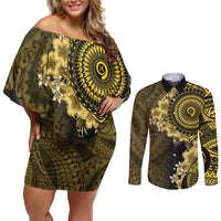 Vanuatu Couples Matching Off Shoulder Short Dress and Long Sleeve Button Shirt Hibisus Polynesian Pattern Gold - Polynesian Pride