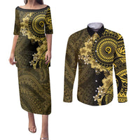 Vanuatu Couples Matching Puletasi and Long Sleeve Button Shirt Hibisus Polynesian Pattern Gold - Polynesian Pride