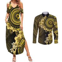 Vanuatu Couples Matching Summer Maxi Dress and Long Sleeve Button Shirt Hibisus Polynesian Pattern Gold - Polynesian Pride