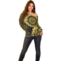 Vanuatu Off Shoulder Sweater Hibisus Polynesian Pattern Gold - Polynesian Pride