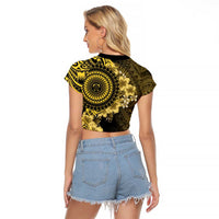 Vanuatu Raglan Cropped T Shirt Hibisus Polynesian Pattern Gold - Polynesian Pride