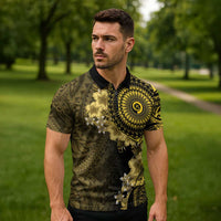 Vanuatu Zipper Polo Shirt Hibisus Polynesian Pattern Gold - Polynesian Pride