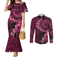 Vanuatu Couples Matching Mermaid Dress and Long Sleeve Button Shirt Hibisus Polynesian Pattern Pink - Polynesian Pride