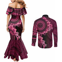 Vanuatu Couples Matching Mermaid Dress and Long Sleeve Button Shirt Hibisus Polynesian Pattern Pink - Polynesian Pride