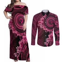 Vanuatu Couples Matching Off Shoulder Maxi Dress and Long Sleeve Button Shirt Hibisus Polynesian Pattern Pink - Polynesian Pride