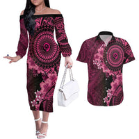 Vanuatu Couples Matching Off The Shoulder Long Sleeve Dress and Hawaiian Shirt Hibisus Polynesian Pattern Pink - Polynesian Pride