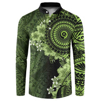 Vanuatu Button Sweatshirt Hibisus Polynesian Pattern Green - Polynesian Pride