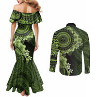 Vanuatu Couples Matching Mermaid Dress and Long Sleeve Button Shirt Hibisus Polynesian Pattern Green - Polynesian Pride