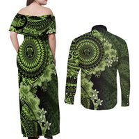 Vanuatu Couples Matching Off Shoulder Maxi Dress and Long Sleeve Button Shirt Hibisus Polynesian Pattern Green - Polynesian Pride