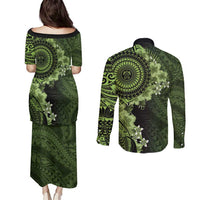 Vanuatu Couples Matching Puletasi and Long Sleeve Button Shirt Hibisus Polynesian Pattern Green - Polynesian Pride