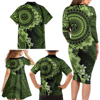 Vanuatu Family Matching Long Sleeve Bodycon Dress and Hawaiian Shirt Hibisus Polynesian Pattern Green - Polynesian Pride