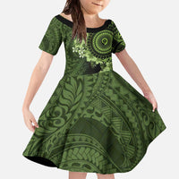 Vanuatu Family Matching Off The Shoulder Long Sleeve Dress and Hawaiian Shirt Hibisus Polynesian Pattern Green - Polynesian Pride