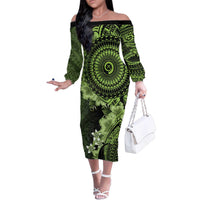 Vanuatu Family Matching Off The Shoulder Long Sleeve Dress and Hawaiian Shirt Hibisus Polynesian Pattern Green - Polynesian Pride