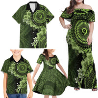 Vanuatu Family Matching Off Shoulder Maxi Dress and Hawaiian Shirt Hibisus Polynesian Pattern Green - Polynesian Pride