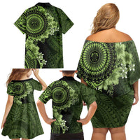Vanuatu Family Matching Off Shoulder Short Dress and Hawaiian Shirt Hibisus Polynesian Pattern Green - Polynesian Pride