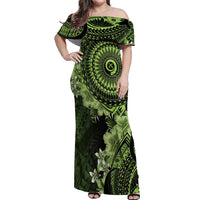 Vanuatu Off Shoulder Maxi Dress Hibisus Polynesian Pattern Green - Polynesian Pride