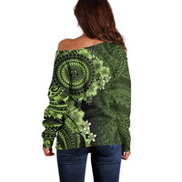 Vanuatu Off Shoulder Sweater Hibisus Polynesian Pattern Green - Polynesian Pride