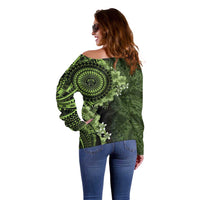 Vanuatu Off Shoulder Sweater Hibisus Polynesian Pattern Green - Polynesian Pride