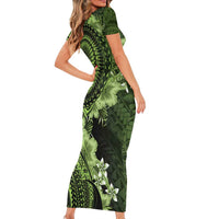 Vanuatu Short Sleeve Bodycon Dress Hibisus Polynesian Pattern Green - Polynesian Pride