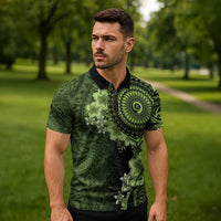 Vanuatu Zipper Polo Shirt Hibisus Polynesian Pattern Green - Polynesian Pride