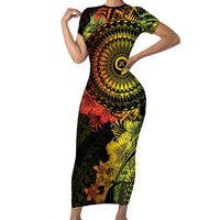 Vanuatu Short Sleeve Bodycon Dress Hibisus Polynesian Pattern Reggae - Polynesian Pride