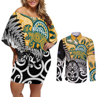 New Zealand Australia Rugby Custom Couples Matching Off Shoulder Short Dress and Long Sleeve Button Shirt Wallabies Aboriginal All Black Maori Tiki Together - Polynesian Pride