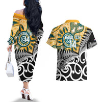New Zealand Australia Rugby Custom Couples Matching Off The Shoulder Long Sleeve Dress and Hawaiian Shirt Wallabies Aboriginal All Black Maori Tiki Together - Polynesian Pride