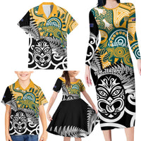 New Zealand Australia Rugby Custom Family Matching Long Sleeve Bodycon Dress and Hawaiian Shirt Wallabies Aboriginal All Black Maori Tiki Together - Polynesian Pride