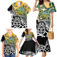 New Zealand Australia Rugby Custom Family Matching Mermaid Dress and Hawaiian Shirt Wallabies Aboriginal All Black Maori Tiki Together - Polynesian Pride