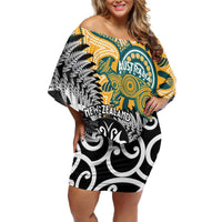 New Zealand Australia Rugby Custom Family Matching Off Shoulder Short Dress and Hawaiian Shirt Wallabies Aboriginal All Black Maori Tiki Together - Polynesian Pride