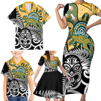 New Zealand Australia Rugby Custom Family Matching Short Sleeve Bodycon Dress and Hawaiian Shirt Wallabies Aboriginal All Black Maori Tiki Together - Polynesian Pride
