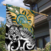 New Zealand Australia Rugby Garden Flag Wallabies Aboriginal All Black Maori Tiki Together - Polynesian Pride
