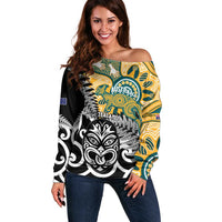 New Zealand Australia Rugby Custom Off Shoulder Sweater Wallabies Aboriginal All Black Maori Tiki Together - Polynesian Pride