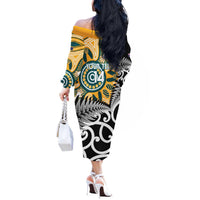 New Zealand Australia Rugby Custom Off The Shoulder Long Sleeve Dress Wallabies Aboriginal All Black Maori Tiki Together - Polynesian Pride