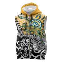 New Zealand Australia Rugby Custom Sleeveless Zip Hoodie Wallabies Aboriginal All Black Maori Tiki Together LT14 Black - Polynesian Pride