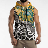 New Zealand Australia Rugby Custom Sleeveless Zip Hoodie Wallabies Aboriginal All Black Maori Tiki Together LT14 - Polynesian Pride