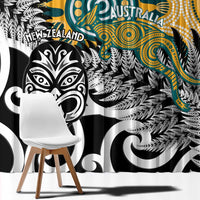 New Zealand Australia Rugby Window Curtain Wallabies Aboriginal All Black Maori Tiki Together - Polynesian Pride