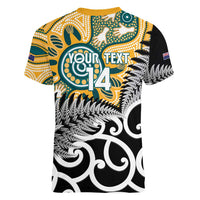 New Zealand Australia Rugby Custom Women V-Neck T-Shirt Wallabies Aboriginal All Black Maori Tiki Together - Polynesian Pride