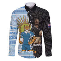 New Zealand Argentina Rugby Custom Family Matching Puletasi and Hawaiian Shirt 2025 Los Pumas All Black Together LT14 Dad's Shirt - Long Sleeve Black - Polynesian Pride
