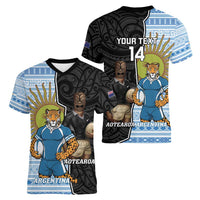 New Zealand Argentina Rugby Custom Women V-Neck T-Shirt 2025 Los Pumas All Black Together - Polynesian Pride