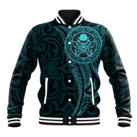 New Zealand Skull Darts Baseball Jacket Aotearoa Maori Chest Tattoo Stylized Teal - Polynesian Pride